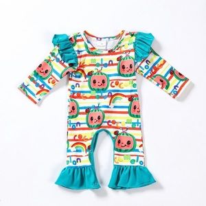 Cocomelon teal ruffle baby jumpsuit